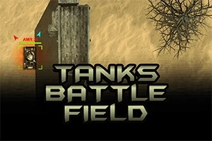 Un tanc lângă o structură de beton pe un fundal de deșert, cu textul Tanks Battle Field suprapus