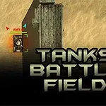 Un tanc lângă o structură de beton pe un fundal de deșert, cu textul Tanks Battle Field suprapus
