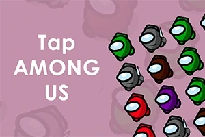Personaje colorate dispersate pe un fundal mov, cu textul Tap AMONG US în stânga