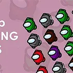 Personaje colorate dispersate pe un fundal mov, cu textul Tap AMONG US în stânga