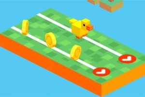 Imaginea prezintă un peisaj izometric cu un pui galben și monede pe o platformă verde, având două linii paralele albe și marcaje portocalii cu săgeți