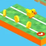 Imaginea prezintă un peisaj izometric cu un pui galben și monede pe o platformă verde, având două linii paralele albe și marcaje portocalii cu săgeți