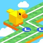 Un personaj pătrat galben pe un drum verde pixelat, cu fundal albastru și nori albaștri, și textul TAP AND GO în partea stângă