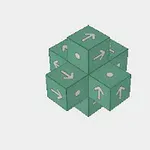 Cub verde format din șase blocuri mai mici, fiecare având săgeți albe și puncte