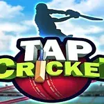 Siluetă de jucător de cricket care bate mingea, cu cer albastru și nori, alături de textul Tap Cricket pe un fundal de stadion