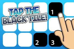 Un deget care atinge un pătrat negru numerotat pe un fundal albastru cu textul TAP THE BLACK TILE!