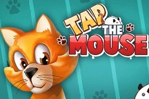 Un motan portocaliu desenat pe fundal turcoaz cu urme de lăbuțe și textul Tap the Mouse