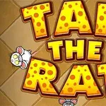 Text mare și colorat TAP THE RAT pe un fundal cu șoareci desenați