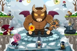 Un minotaur mare cu aripi demonice în centrul unei scene, înconjurat de mai multe personaje diverse și peisaj de iarnă