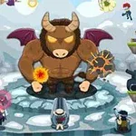 Un minotaur mare cu aripi demonice în centrul unei scene, înconjurat de mai multe personaje diverse și peisaj de iarnă