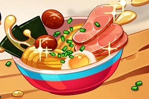 Bol colorat cu ramen, incluzând felii de carne, ou, ceapă verde și ciuperci, toate în stil artistic