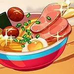 Bol colorat cu ramen, incluzând felii de carne, ou, ceapă verde și ciuperci, toate în stil artistic