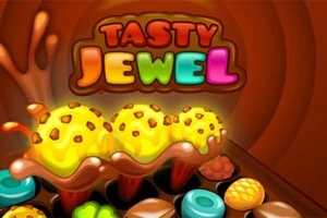 Imaginea prezintă trei cupe de înghețată galbenă cu bucățele de ciocolată deasupra, într-un fundal maro, alături de cuvântul Tasty Jewel scris cu litere colorate