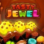 Imaginea prezintă trei cupe de înghețată galbenă cu bucățele de ciocolată deasupra, într-un fundal maro, alături de cuvântul Tasty Jewel scris cu litere colorate
