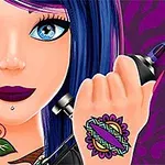 O tânără cu păr albastru, machiaj pronunțat și accesorii roz, ținând un aparat de tatuat