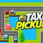 Imaginea prezintă o ilustrație colorată cu un traseu de drumuri, clădiri și copaci, având în centru textul TAXI PICKUP
