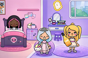 Două personaje animate într-o cameră colorată, una dormind într-un pat și cealaltă ținând o sticlă, cu o fereastră și mobilier decorat în fundal