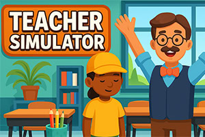Profesor vesel cu ochelari și papion, un copil cu șapcă galbenă și textul „Teacher Simulator într-o sală de clasă colorată