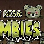 Un ursuleț de pluș zombi cu ochi roșii și cusături pe față, înconjurat de text stilizat „Teddy Bear Zombies” pe un fundal maro