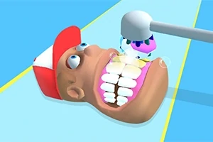Un personaj animat poartă o șapcă roșie și este întins pe spate, având gura deschisă larg, în timp ce un instrument dentar este îndreptat spre dinții săi