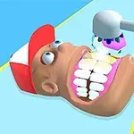 Un personaj animat poartă o șapcă roșie și este întins pe spate, având gura deschisă larg, în timp ce un instrument dentar este îndreptat spre dinții săi