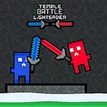 Două personaje pătrate, unul albastru și altul roșu, se luptă cu săbii luminoase într-un cadru pixelat