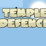 Text stilizat Temple Defence pe un fundal albastru cu soare și două figurine mici deasupra literelor
