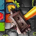 Un ciocan masiv și colorat plasat pe un fundal cu cărămizi de diferite culori și modele hexagonale