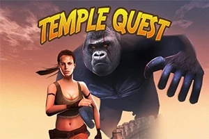 O femeie curajoasă stă în fața unui gorile uriaș pe un fundal de apus, sub titlul Temple Quest