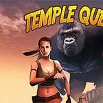 O femeie curajoasă stă în fața unui gorile uriaș pe un fundal de apus, sub titlul Temple Quest