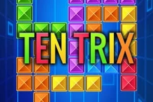 Text colorat TEN TRIX suprapus peste blocuri multicolore aranjate pe un fundal albastru