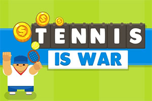 Personaj animat cu o rachetă de tenis și textul Tennis is War pe un fundal verde și albastru