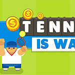 Personaj animat cu o rachetă de tenis și textul Tennis is War pe un fundal verde și albastru