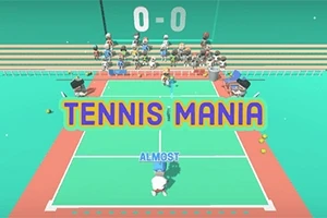 Teren de tenis animat cu jucători mici și textul Tennis Mania afișat deasupra