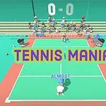 Teren de tenis animat cu jucători mici și textul Tennis Mania afișat deasupra