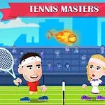 Doi jucători de tenis caricaturizați pe un teren, cu un oraș stilizat pe fundal și o minge de foc între ei
