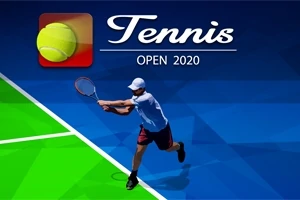 Jucător de tenis pe teren colorat, cu text Tennis Open 2020 și simbol cu minge de tenis în colțul stânga sus