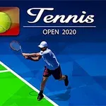 Jucător de tenis pe teren colorat, cu text Tennis Open 2020 și simbol cu minge de tenis în colțul stânga sus