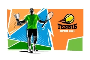 Un jucător de tenis în tricou verde ține o rachetă și un trofeu pe un fundal colorat cu un logo de minge de tenis și textul „Tennis Open 2021”
