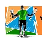 Un jucător de tenis în tricou verde ține o rachetă și un trofeu pe un fundal colorat cu un logo de minge de tenis și textul „Tennis Open 2021”
