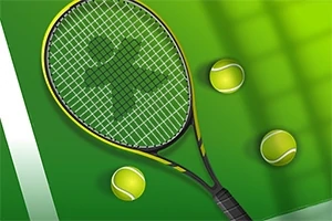 Rachetă de tenis și mingi galbene pe un fundal verde