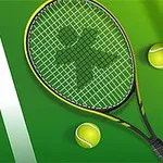 Rachetă de tenis și mingi galbene pe un fundal verde