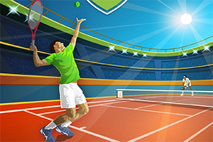 Jucător de tenis în tricou verde efectuând un serviciu pe un teren luminat sub cerul albastru
