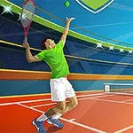 Jucător de tenis în tricou verde efectuând un serviciu pe un teren luminat sub cerul albastru