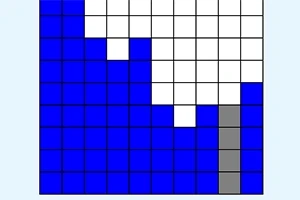 Un grid de pătrate alb-negru cu un model de blocuri albe și albastre, plus o coloană gri