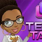 Personaj animat cu ochelari și păr creț, pe fundal violet cu textul Text Talk