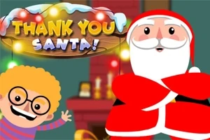 Moș Crăciun și un copil vesel cu ochelari și păr creț stau în fața unui șemineu, sub un banner pe care scrie „Thank You Santa!