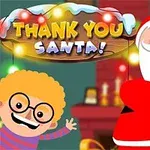 Moș Crăciun și un copil vesel cu ochelari și păr creț stau în fața unui șemineu, sub un banner pe care scrie „Thank You Santa!