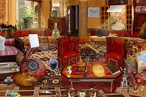 Cameră bogat decorată cu mobilier roșu și covoare orientale, plină de obiecte diverse și plante