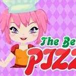 Personaj animat cu păr roz și pălărie de bucătar lângă textul The Best Pizza și o felie de pizza pe fundal violet
